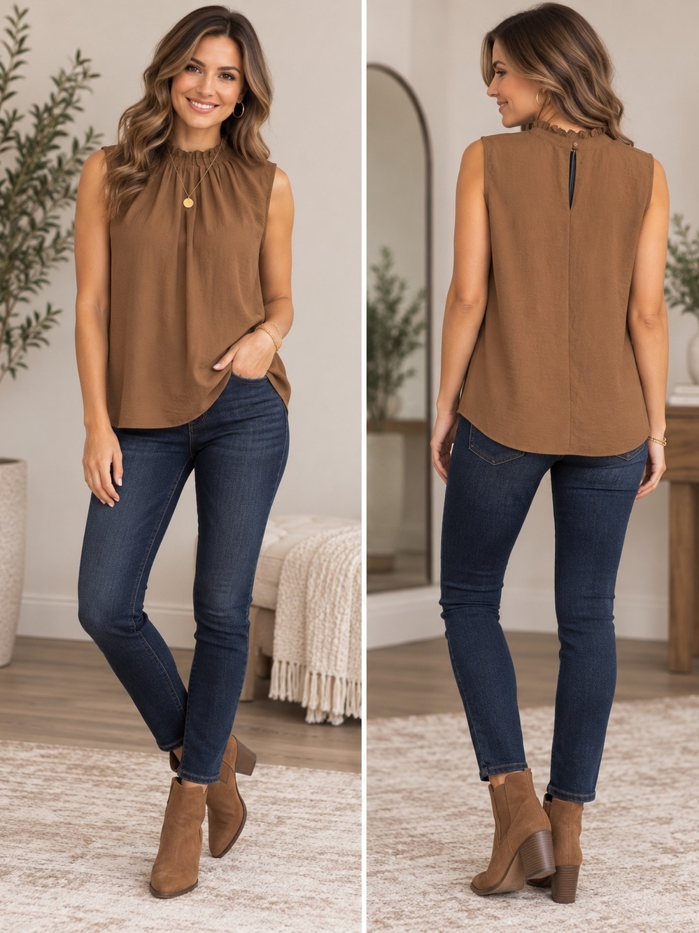 Worthington Sleeveless Ruffle-Neck Blouse in Brown